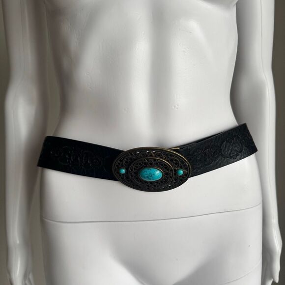 Vintage Y2K Fossil Western Tooled Belt With Turquoise Center Boho Size L - Picture 4 of 12